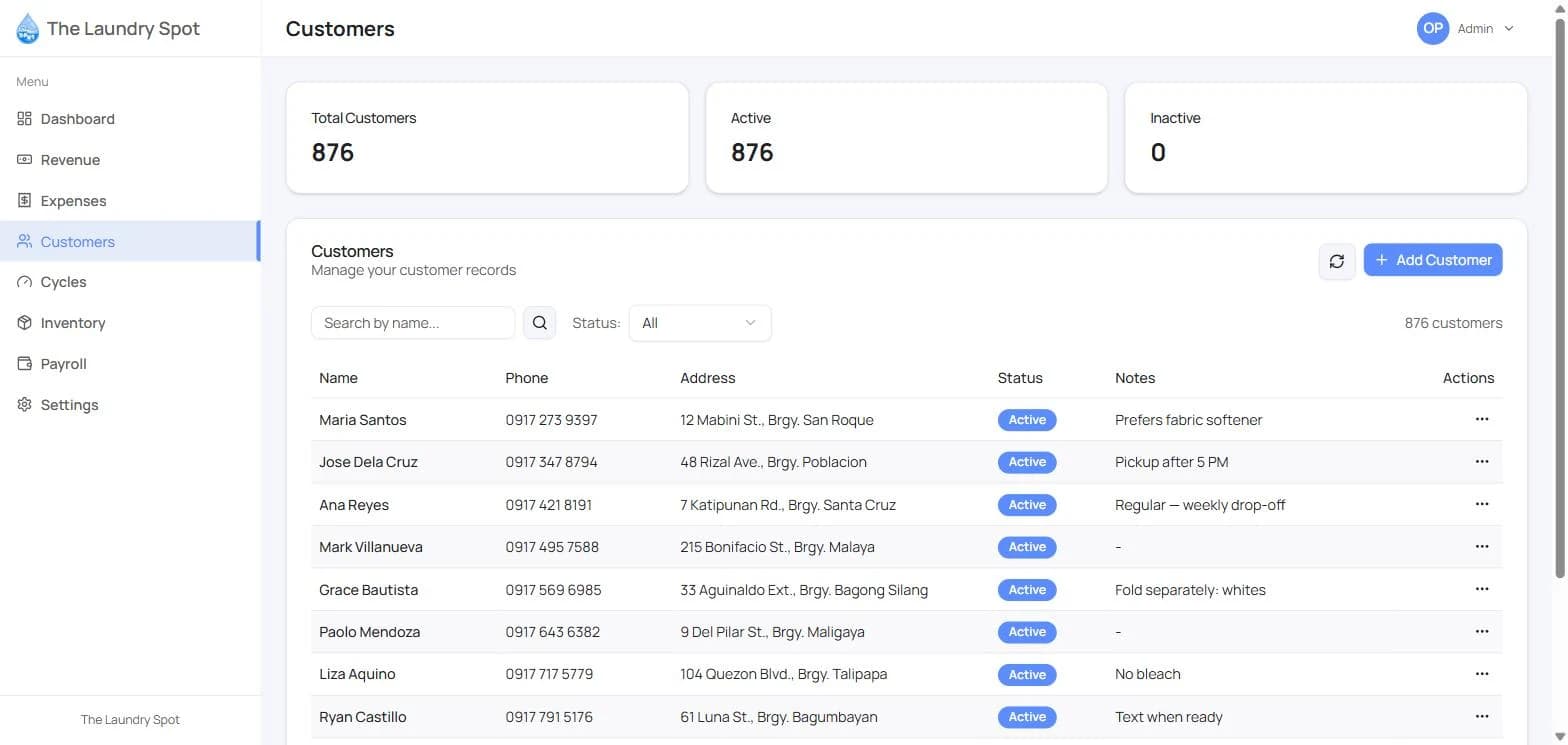 Customer records with contact details and service notes