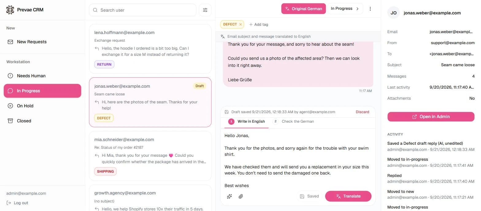 Prevae CRM — German replies, rolled out safely
